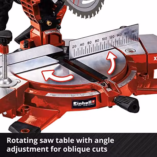 Einhell Power X-Change 18V Cordless Mitre Saw with Work Table, 3000 RPM, Black, Yellow and Red – 3