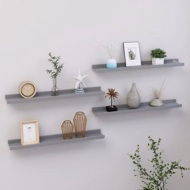 Berkfield Home Wall Mounted Shelves, 4 Piece Set, Grey, W: 60 cm, D: 9 cm, H: 3 cm
