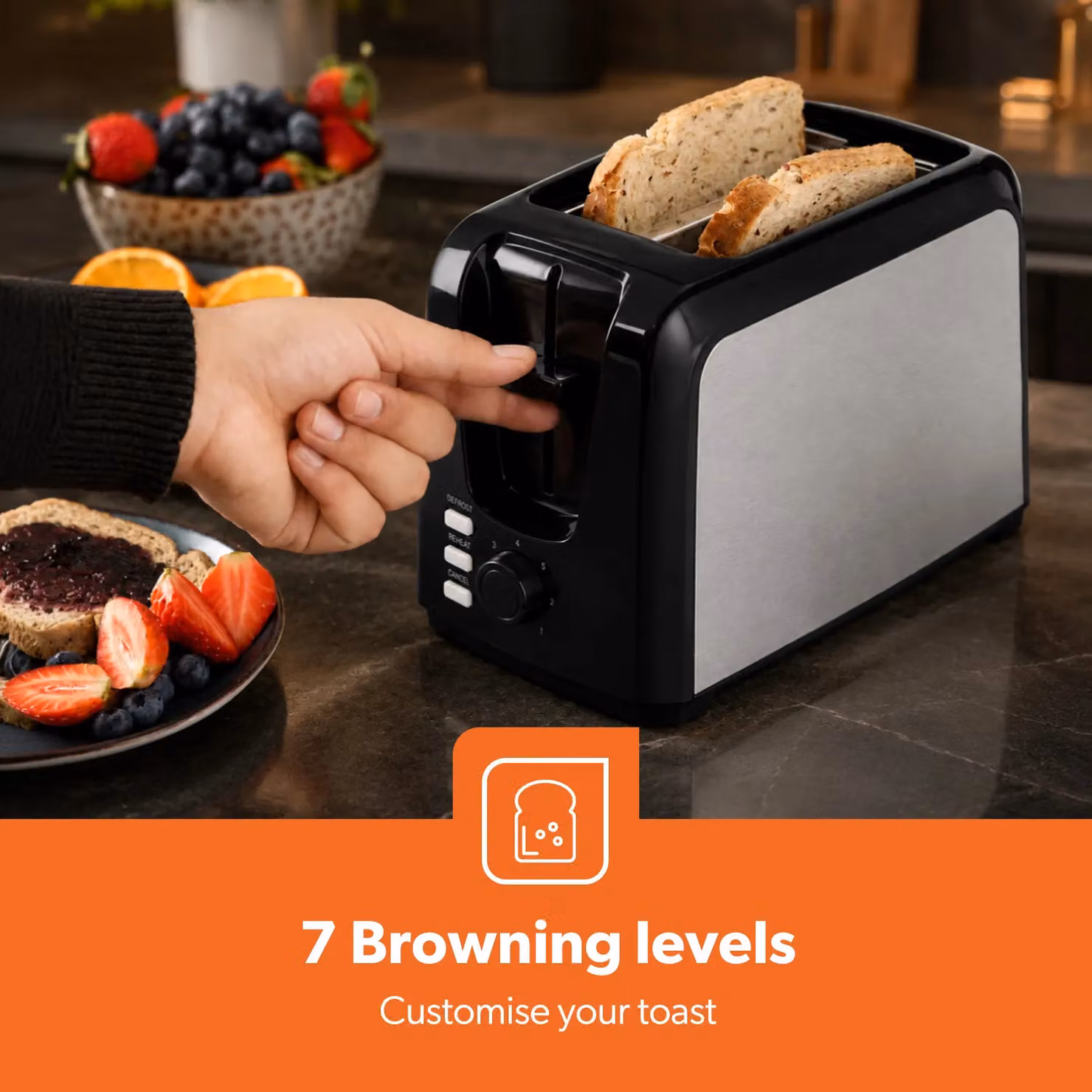 Geepas 2 Slice Bread Toaster with 7 Level Browning Control, Defrost, Reheat and Cancel Functions in Black – 3