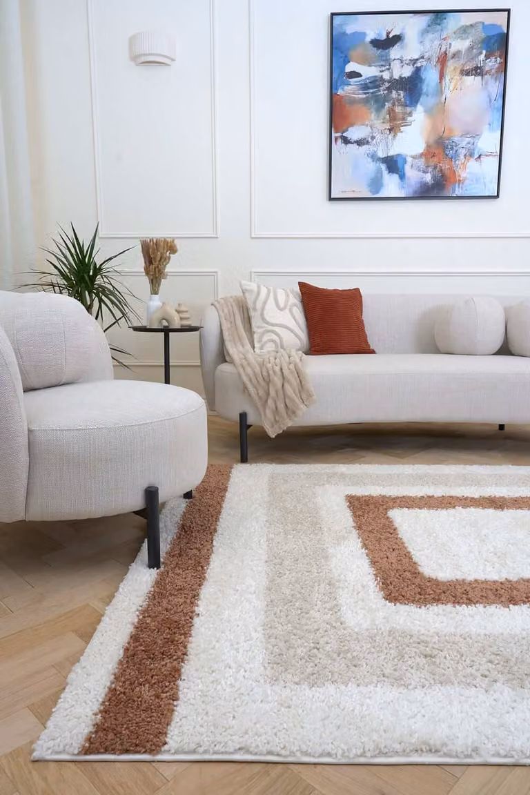 THE RUGS Moodi Border Design Shaggy Soft High Pile Living Room Rug in Terracotta, W: 160 cm, L: 230 cm
