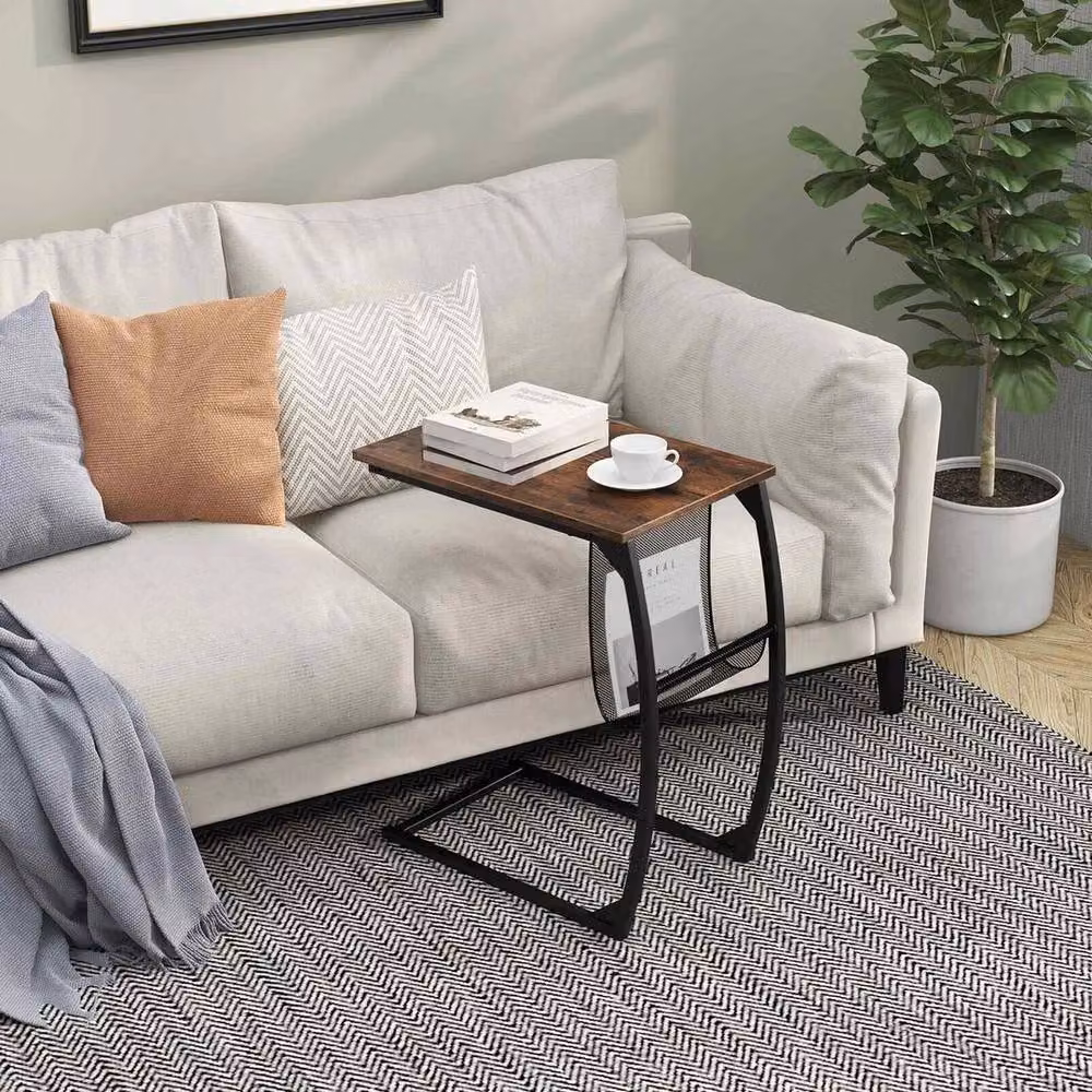 KORVIXA Modern Compact Sofa Side Table with Mesh Bag in Brown – 4