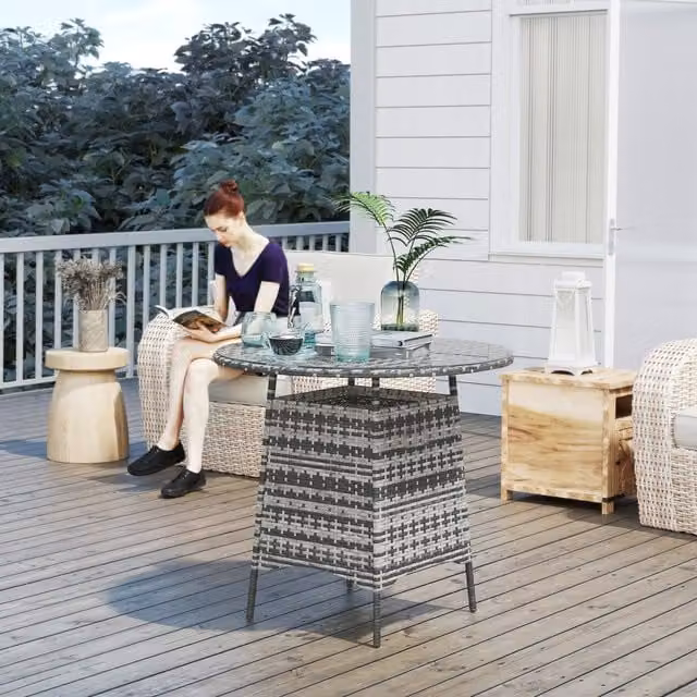 Outsunny Modern Round Polyrattan Garden Table with Glass Top and Umbrella Hole, Grey