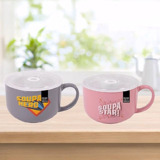 Shop4allsorts Set of 2 Large Novelty Soup Mugs Soupa Hero and Soupa Star in Grey and Pink