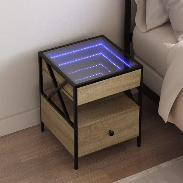 Berkfield Home Infinity LED Bedside Table in Sonoma Oak Brown with Mirror Top, W/D/H: 40 x 40 x 51 cm