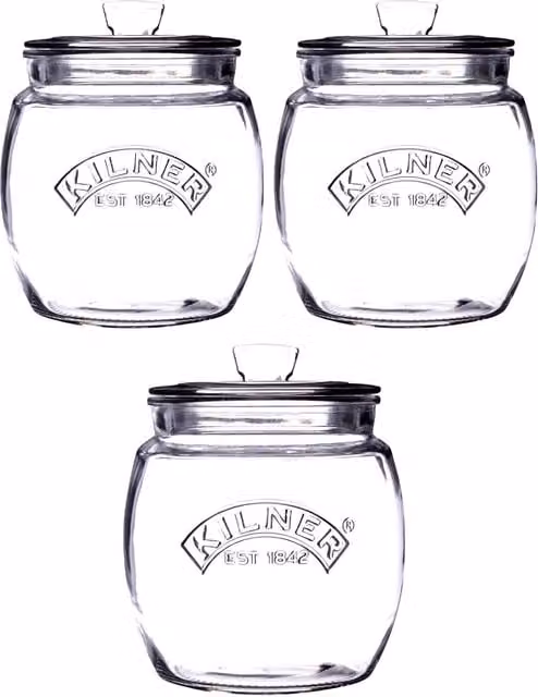 Kilner Set of 3 Airtight and Leakproof Glass Jars with Universal Push-Top Lids, 0.85 l, Transparent