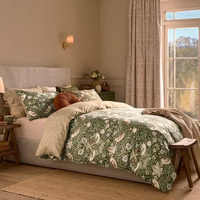 William Morris At Home Strawberry Thief Reversible Cotton Mako Satin Duvet Cover and Pillowcase Set in Green and Orange Floral Design