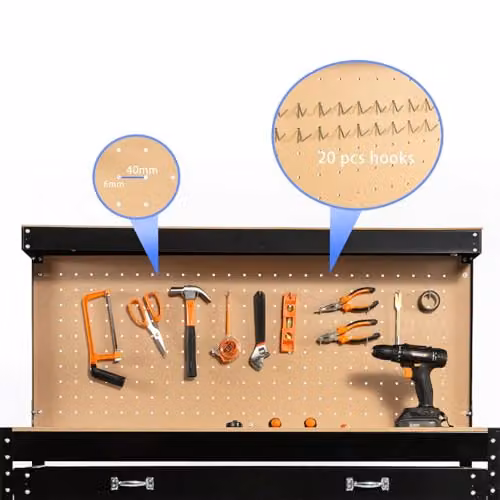 SwitZer Black Steel Garage Workbench with Drawers, Pegboard and Shelf – 5