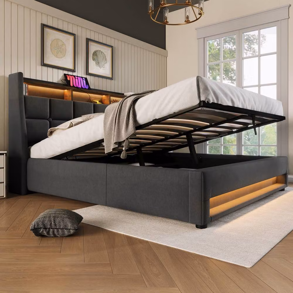 BTM Grey Upholstered King Size Bed with LED and USB Charging Headboard, W/D/H: 150 x 200 x 155 cm – 3