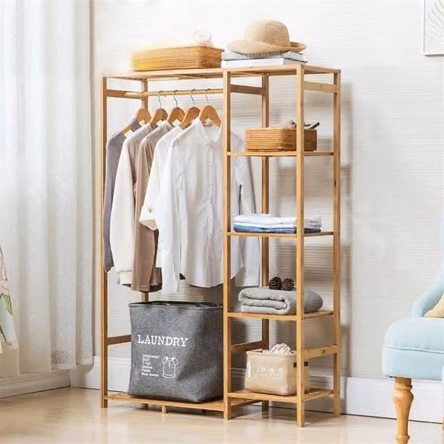 Kelvenix Wooden Clothes Garment Hanging Stand and Shoe Rack in Brown, W/D/H: 146.6 x 45.0 x 30.0 cm