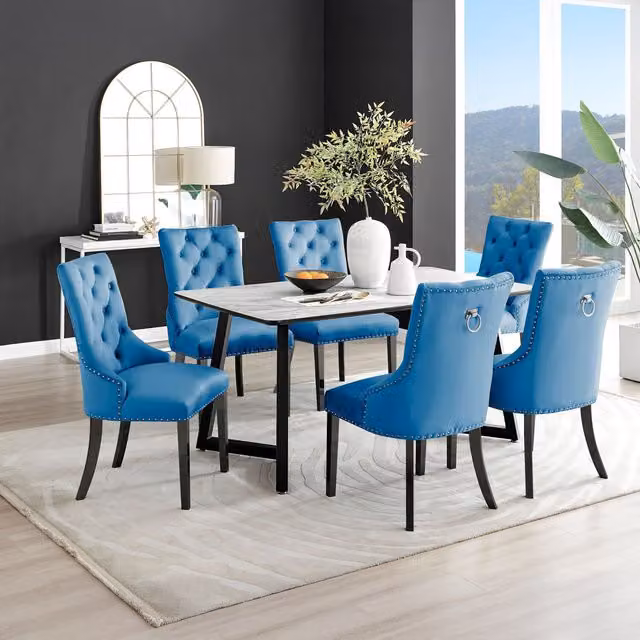 FurnitureboxUK Carson White Marble Effect Dining Table and 6 Belgravia Black Leg Chairs in Blue