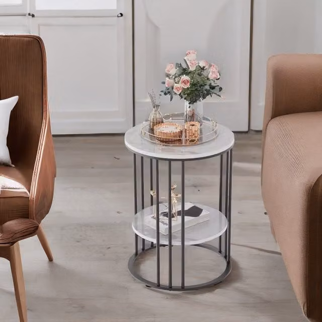 Pirlo Plush 2 Tier Round Faux Marble Side Table in Black, H: 54.0 cm, W: 40.0 cm, D: 50.0 cm – 1