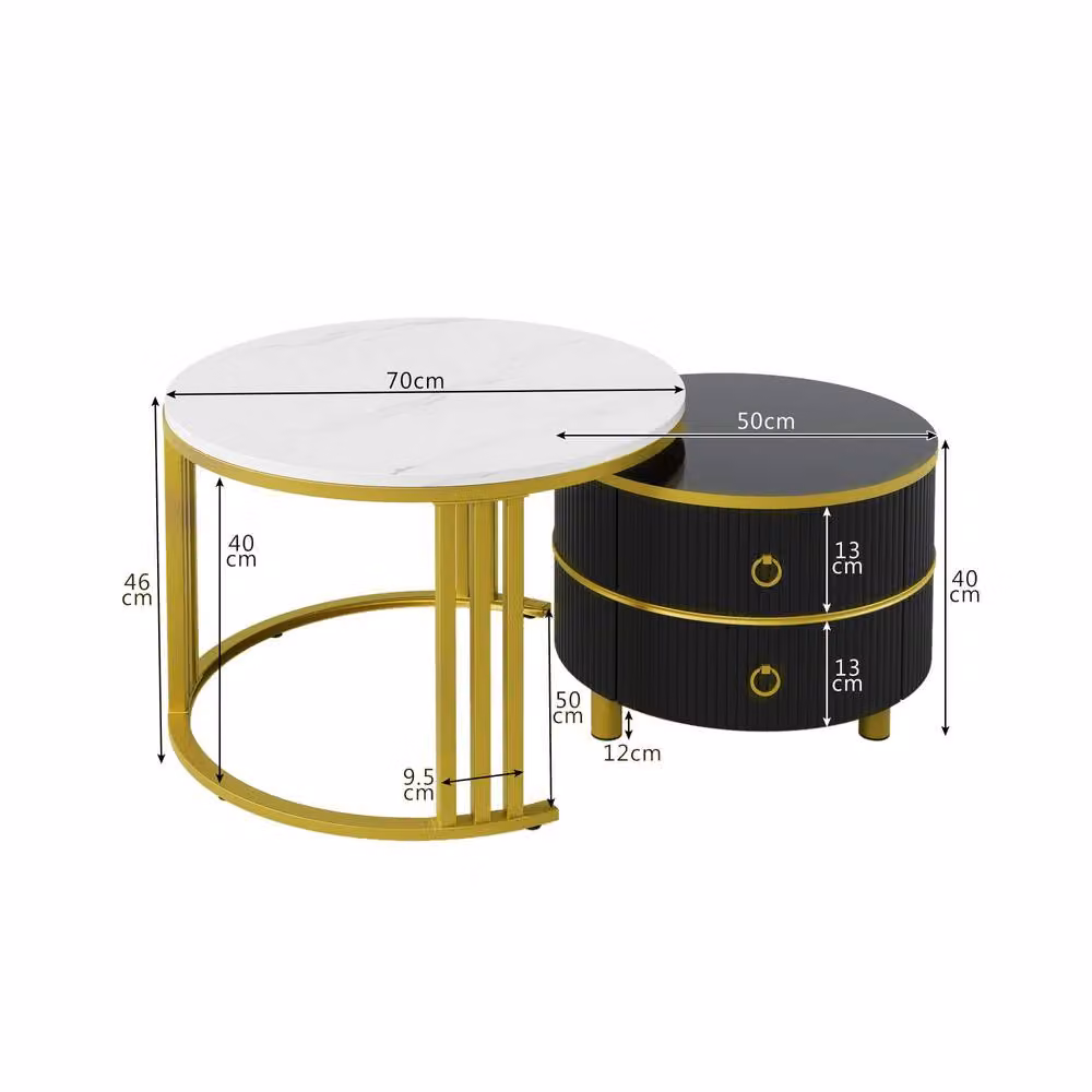 Merax Modern 2-Piece Round Nesting Coffee Table Set with Black Marble Effect Top and Metal Sled Base – 2