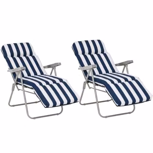 Outsunny Set of 2 Blue Striped Reclining Garden Chairs with Adjustable Headrests and Armrests – 1