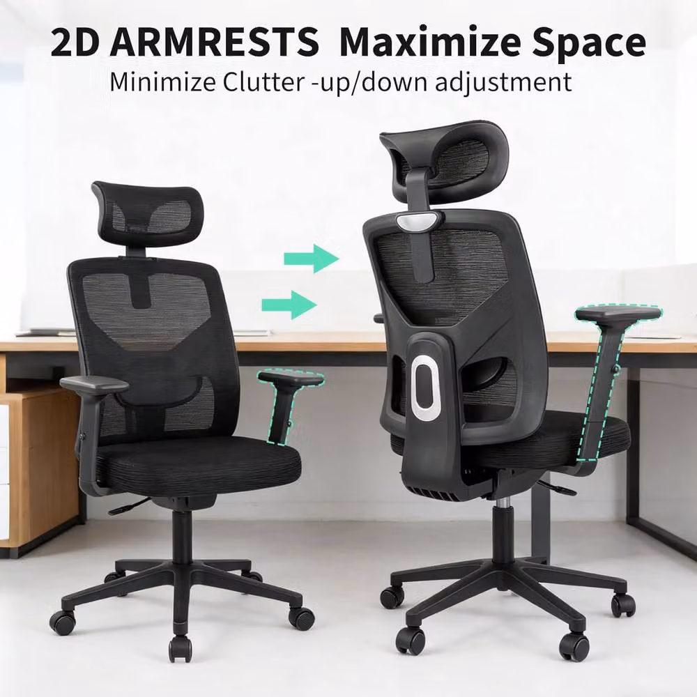 London Boutique Black Fabric Mesh Office Task Chair with Headrest and 360 Degree Swivel – 5