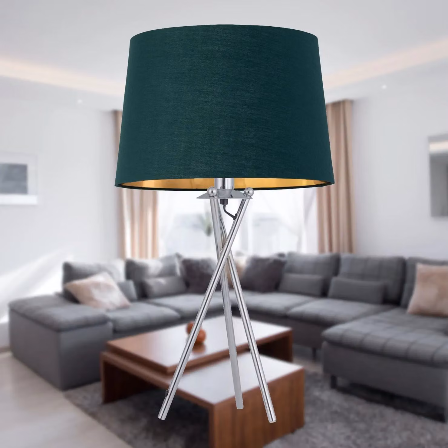 First Choice Lighting Tripod Chrome Lamp with Green and Gold Fabric Shade – 3