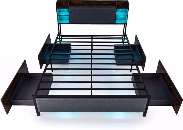 COSTWAY Industrial Upholstered Platform Bed with Drawers, USB Charging Port and Under-Bed Lighting in Brown and Grey Fabric