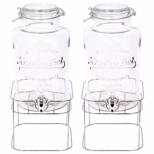 Rink Drink Pack of 2 Glass Drinks Dispensers with Tap and Lid, 6.5 l each, Silver and Transparent