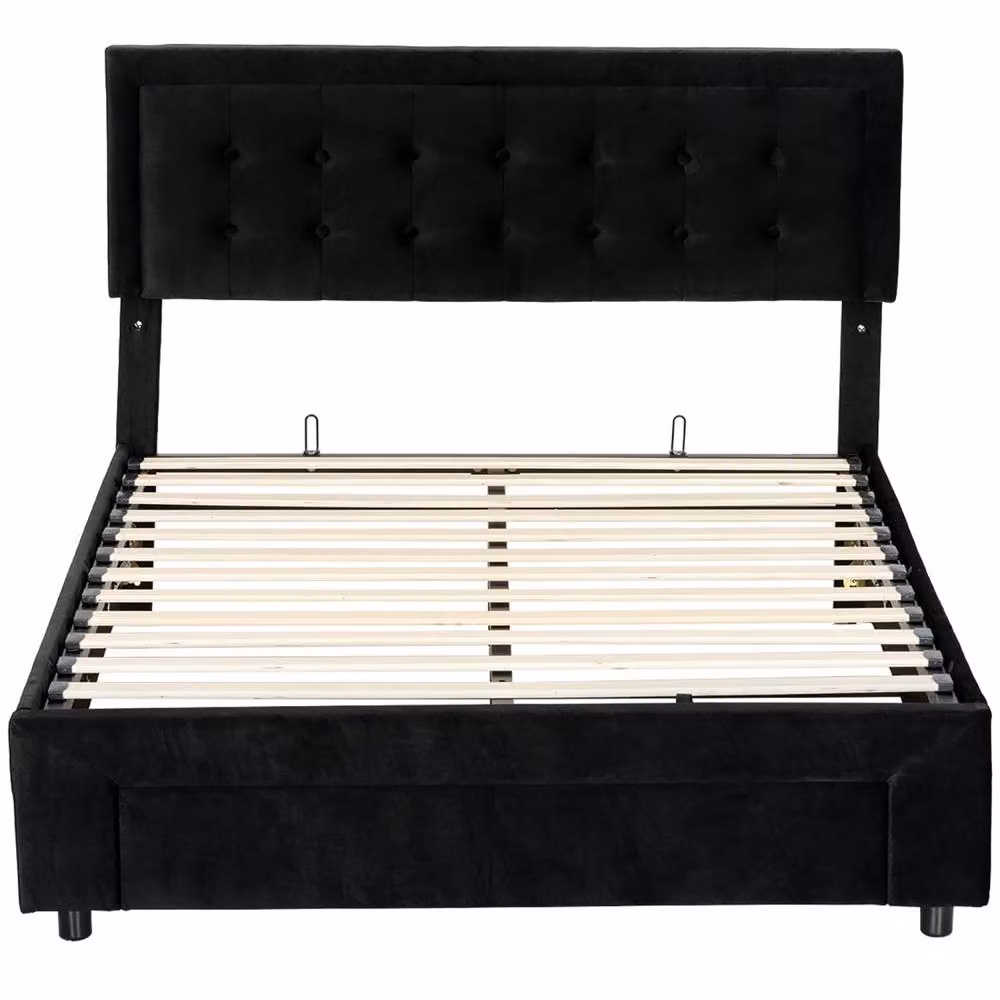 Wyld Haus Banado King Ottoman Bed Frame in Black Velvet with Gas Lift Storage and Front Divan Drawers, H: 104 cm x W: 180 cm x D: 203.5 cm – 2