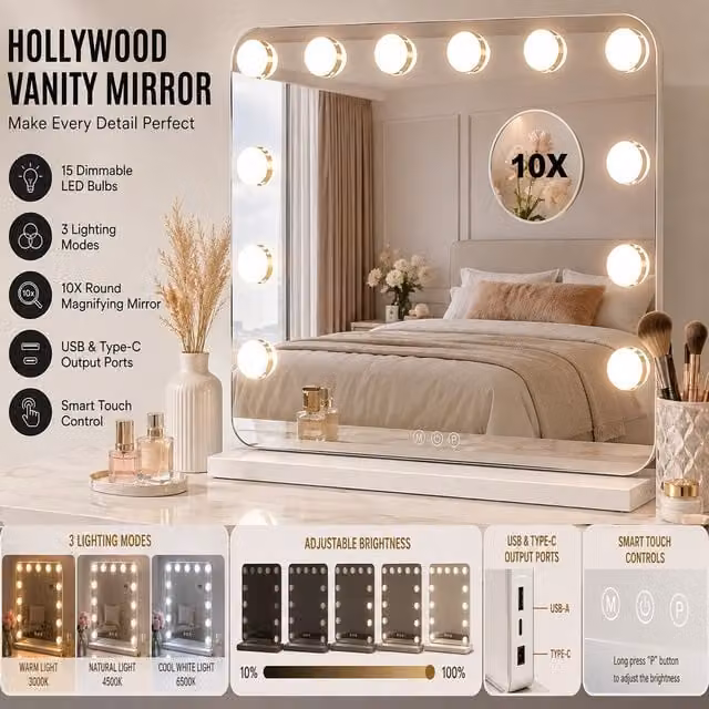 Atek White LED Light Tabletop Vanity Makeup Mirror with Rectangular Glass