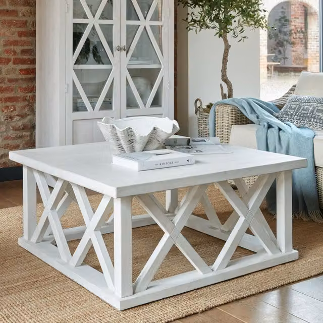 KDMK Stamford Square Coffee Table with Lattice Design in White Pine Wood
