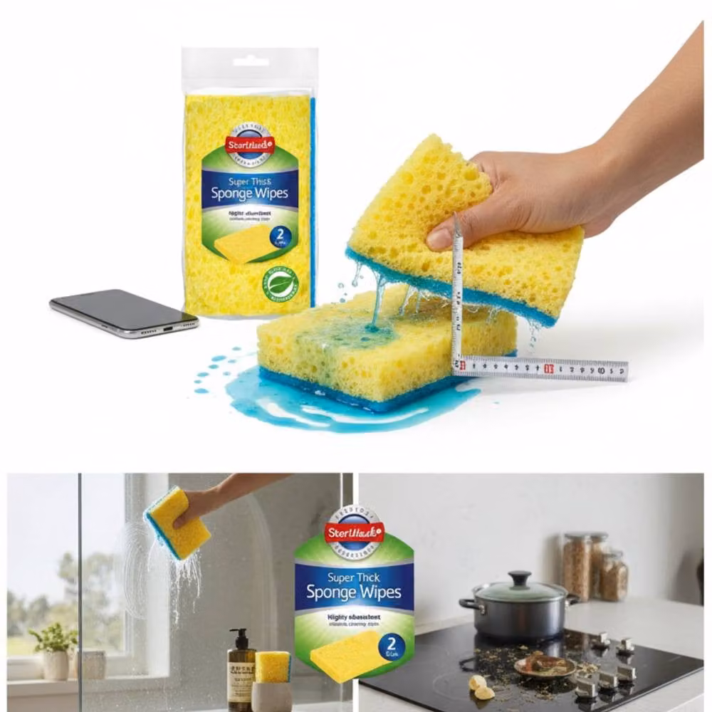 Bedsland DL 2 Pack Large Cellulose Sponge Wipes, Extra Thick and Super Absorbent, Multicolour and Yellow – 3
