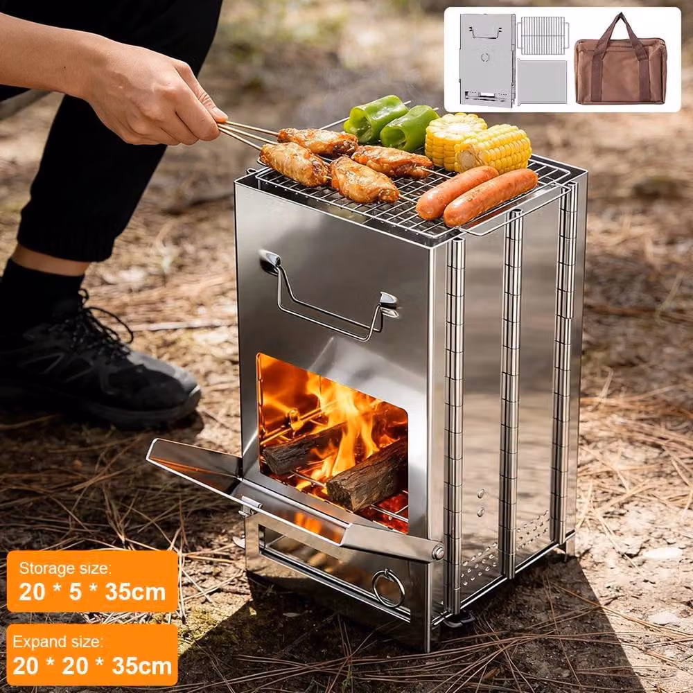 NESTLUNE Portable Foldable Wood Burning Stove and Outdoor Grill in Silver Stainless Steel, W: 100 cm, D: 41 cm – 4