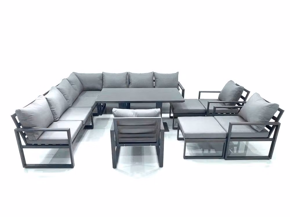 Fimous 12 Seater Outdoor Aluminium Garden Furniture Set in Dark Grey with Corner Sofa, 3 Chairs, 2 Large Footstools and Adjustable Rising Dining Table – 2