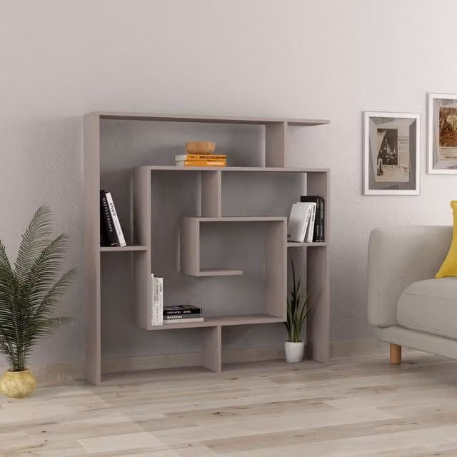 FWStyle Modern Maze Inspired Geometric Bookcase Room Divider Shelving Unit in Mocha Grey