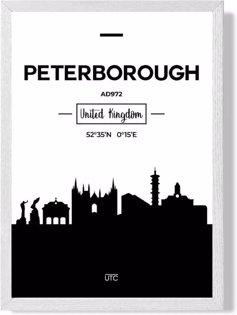 ARTZE Peterborough Black and White City Skyline Framed Print with White Frame, A2