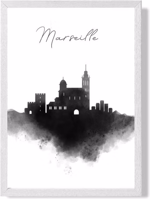 ARTZE Marseille Watercolour Skyline City Framed Print with Black and White Frame, A2