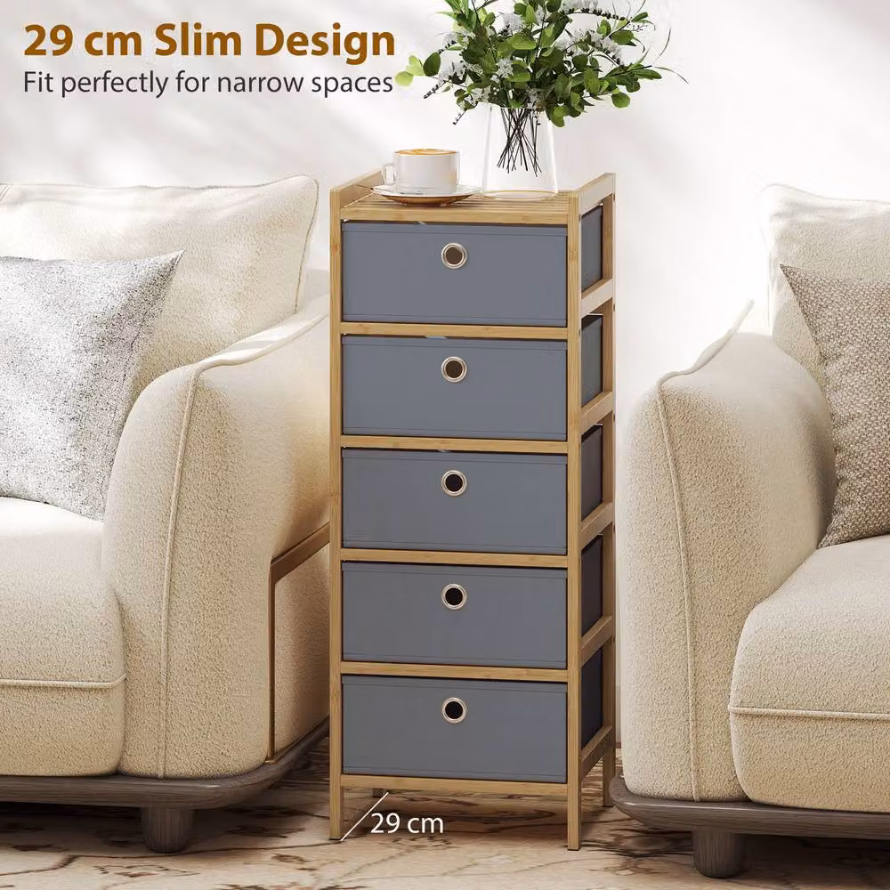 HOMCOM Light Grey Chest of Drawers with Bamboo Frame and Fabric Drawers – 3