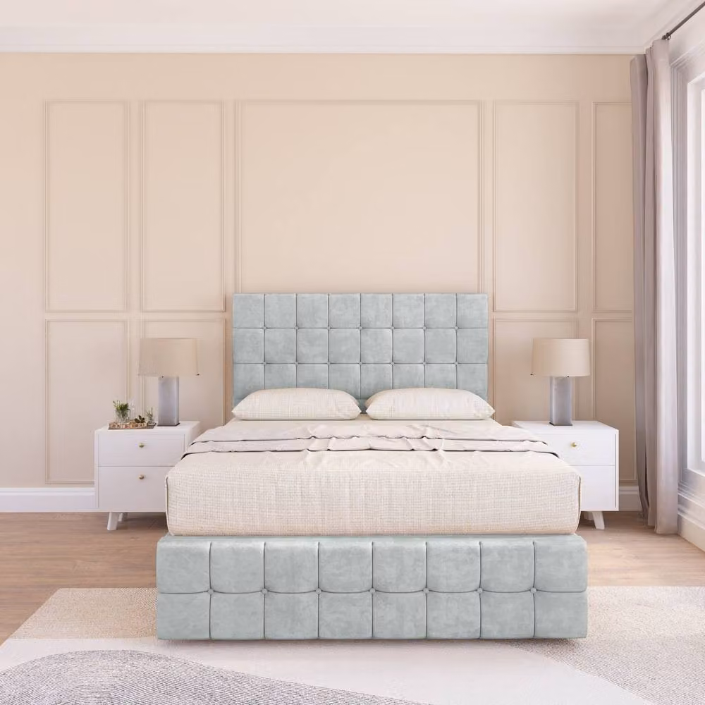 Sloomy Berlin Divan Bed Base with 54 inch Floor Standing Chesterfield Headboard and 12 inch Footboard, Silver Velvet, W/D/H: 120 x 200 cm