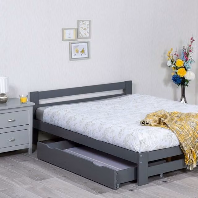 Xiamen Double Bed Frame in Grey Solid Pine Wood with Drawers