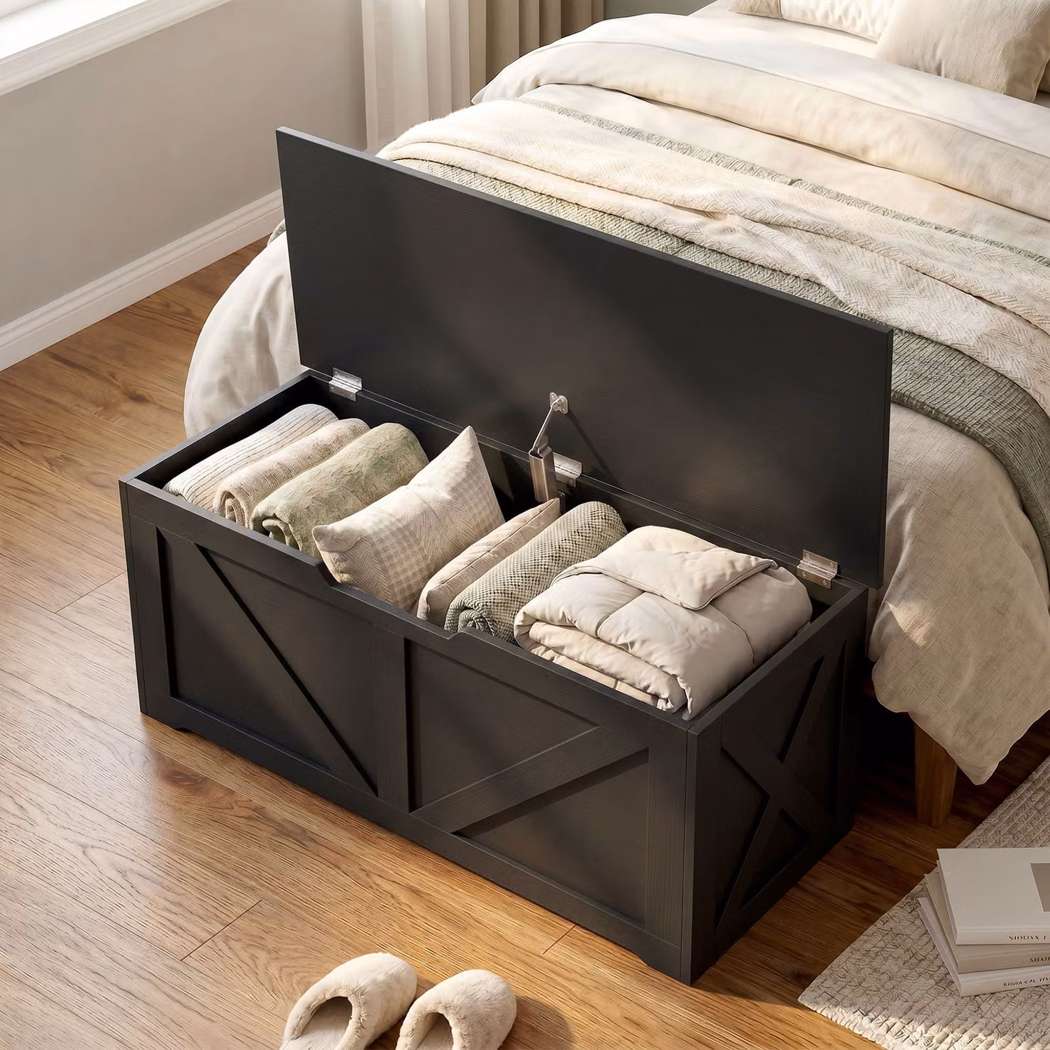HOMCOM 100L Home Storage Box with Soft-Close Safety Hinge in Black Wood-Effect, W/D/H: 80 x 45 x 136 cm – 8