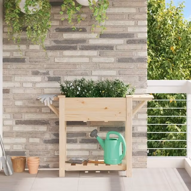 Berkfield Home Wooden Raised Bed Garden Planter in Beige, W/D/H: 111 x 37 x 76 cm – 1