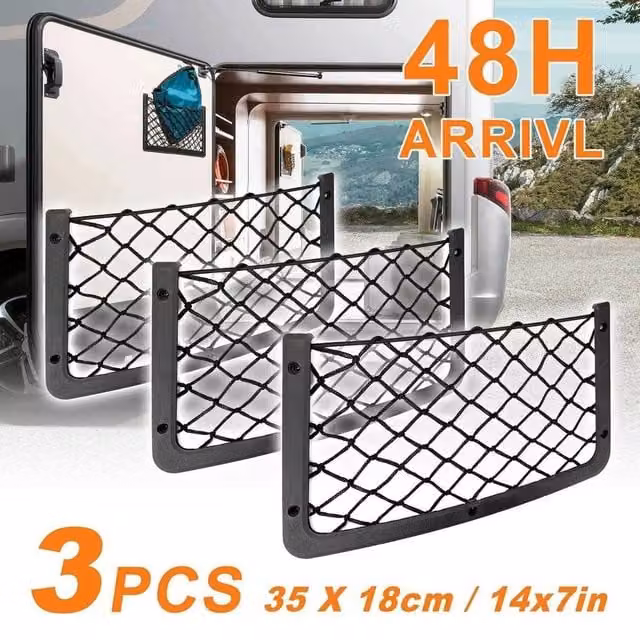Havendro 3-Pack Adhesive Car Net Storage Holders and Mesh Phone Pouches in Black