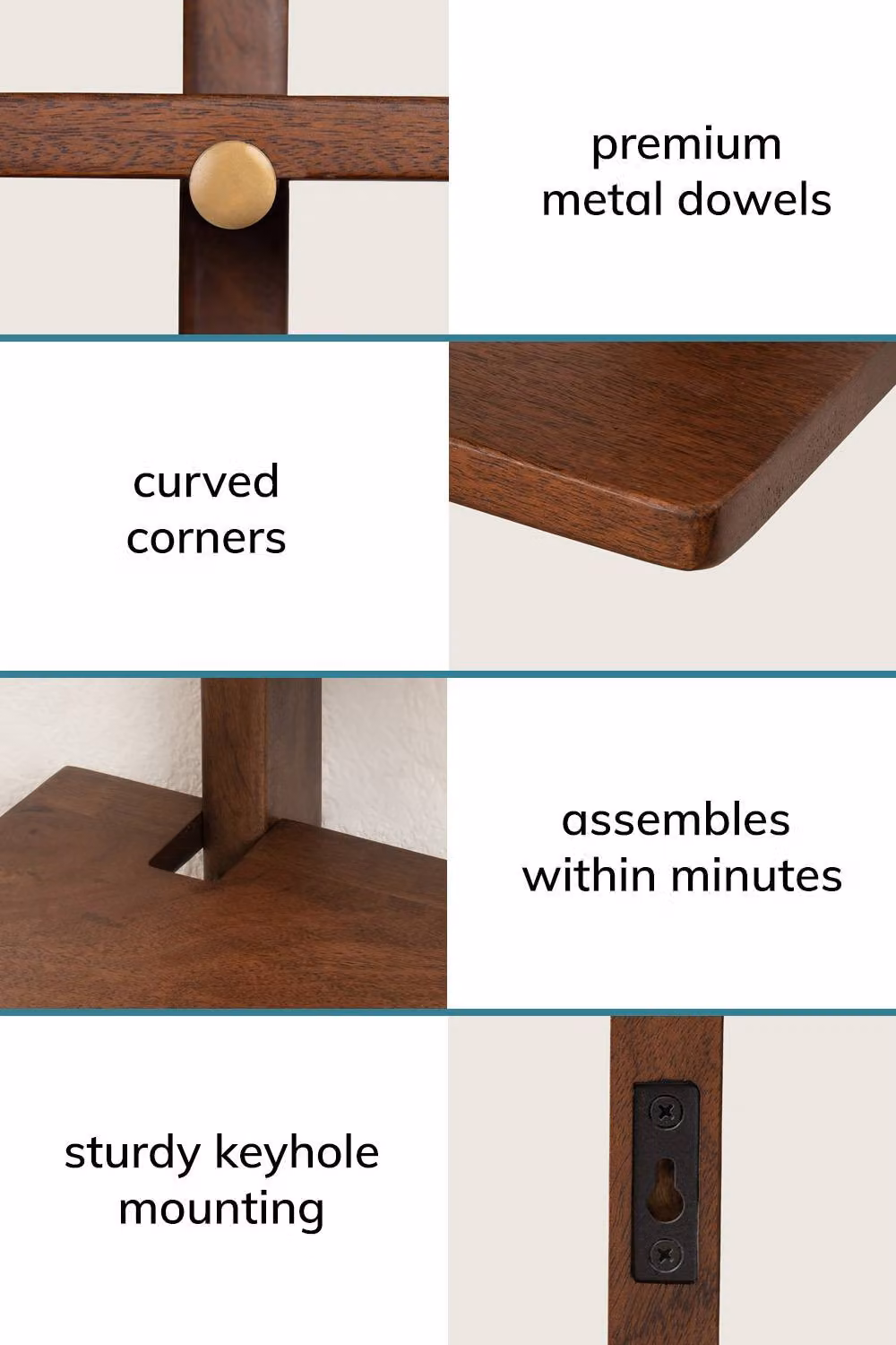 MH London 3-Tier Wall Mounted Floating Display Shelves in Solid Mango Wood, Walnut and Gold – 4