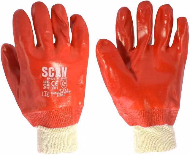 Scan PVC Knitwrist Gloves, Red and Multicolour, Size L (9)