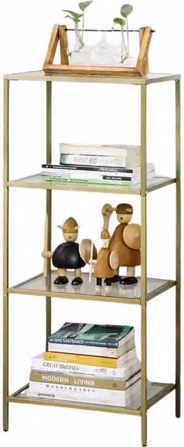 Pirlo Plush 4 Tier Tempered Glass and Metal Storage Shelving Unit, Gold, W/D/H: 95 x 30 x 30 cm
