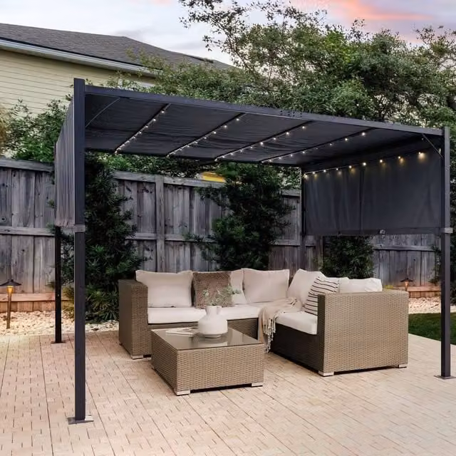 Wyld and Coco Grey Powder Coated Steel Pergola with Sliding Canopy and Solar LED Lights W/D/H: 310 x 310 x 215 cm – 1