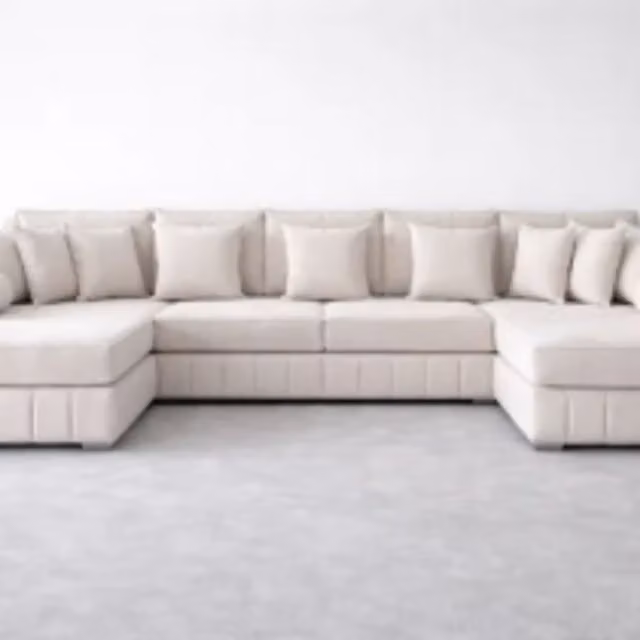 HOB Furniture Oxford Oyster U Shape Fabric Sofa in Cool White with Contrast Piping