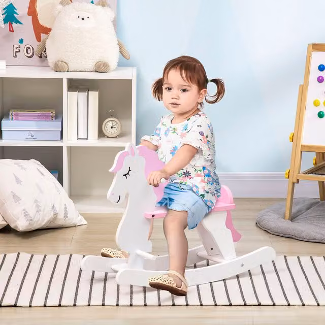 HOMCOM Kids Wooden Rocking Horse Ride on Toy, Pink