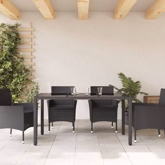 Berkfield Home Black Poly Rattan Extendable Garden Table with Glass Top W/D/H: 150 x 90 x 75 cm