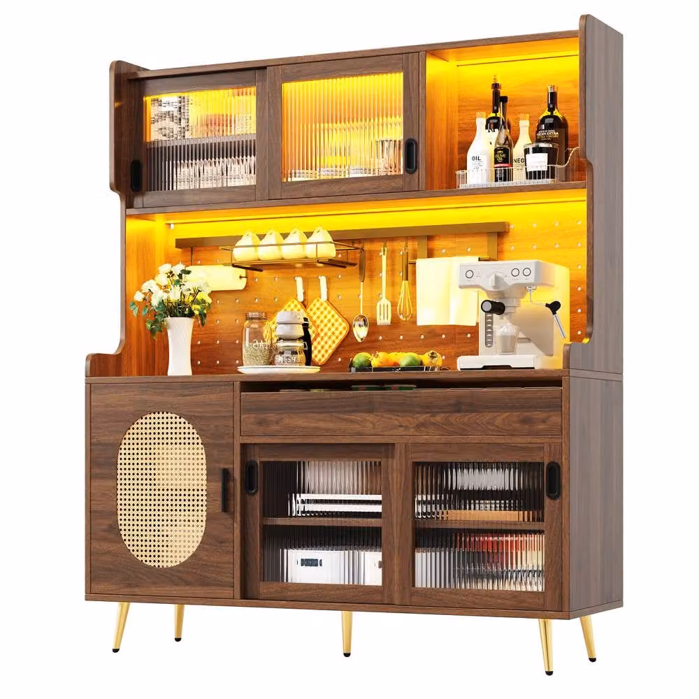 BTM Country Style Sideboard with LED Light and Fluted Glass Doors in Brown, W/D/H: 171 x 39 x 39 cm – 5
