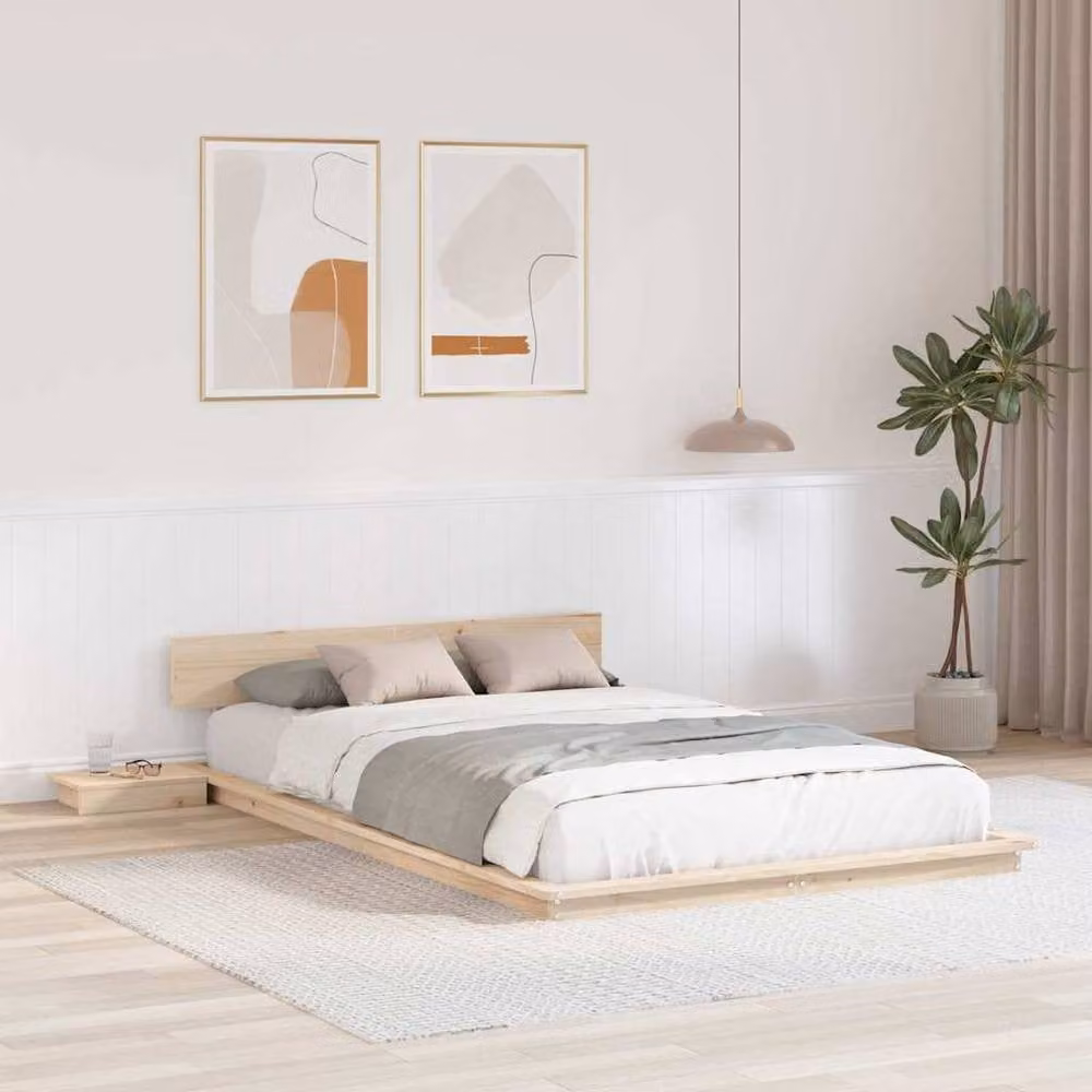 Berkfield Home Solid Wood Floor Bed Frame with Side Tables in Natural Brown, W/D/H: 135 x 190 cm