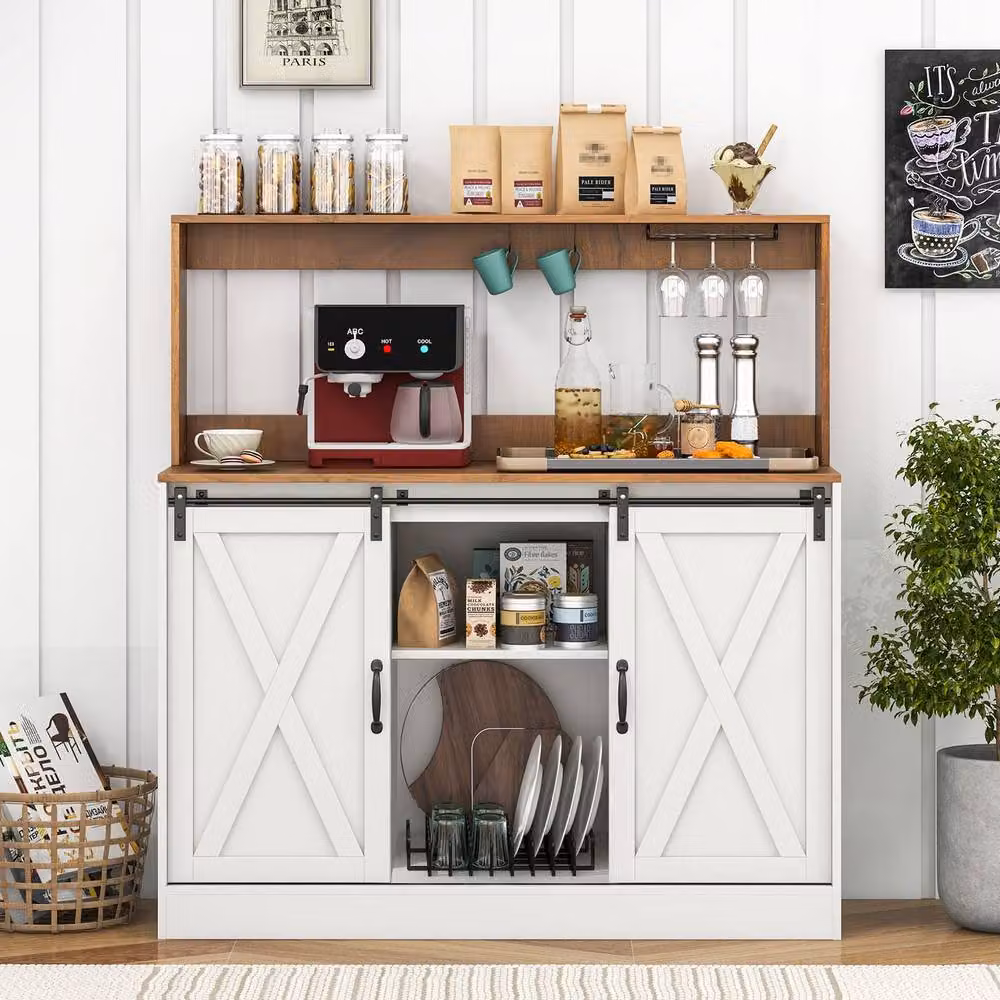 Costway Farmhouse Coffee Bar Cabinet and Wine Cabinet with Charging Station, White – 3