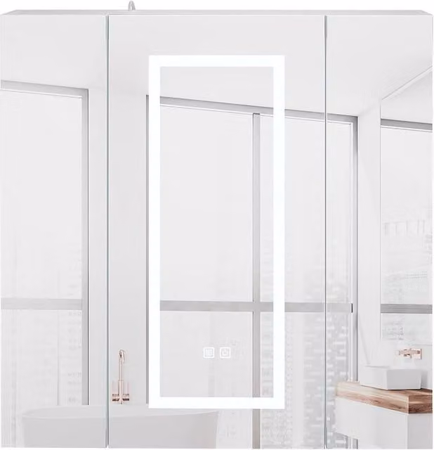 KEEPREAPER White LED Bathroom Mirror Cabinet with 3 Hinged Doors, Anti-Fog Defogger and Sensor Switch, W/H: 80 x 80 cm – 1