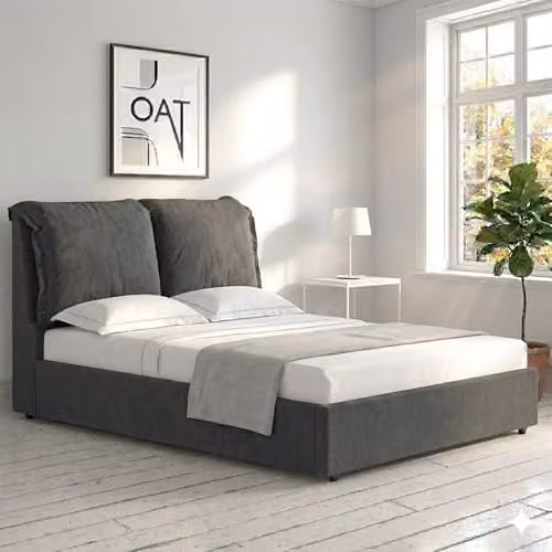 OAT Home Chester Upholstered Ottoman Storage Bed Frame with Pillow Headboard, Anthracite Grey, W/D/H: 180 x 200 x 158 cm