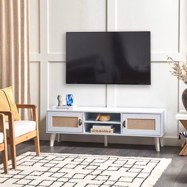 Wyld and Coco Vintage TV Stand in White and Beige with Faux Rattan MDF Fronts – 1