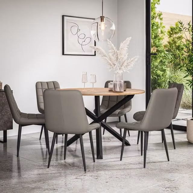More4Homes Malvern Round Dining Table and 6 Nova Grey Faux Leather Chairs Set, Oak Top with Black Legs